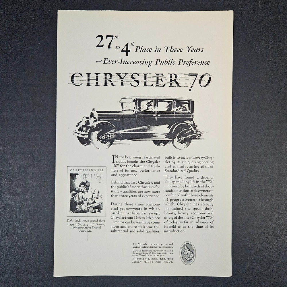1927 Chrysler 70 Miles Per‎ Hour Automobile Car Vintage Print Ad Mancave Garage